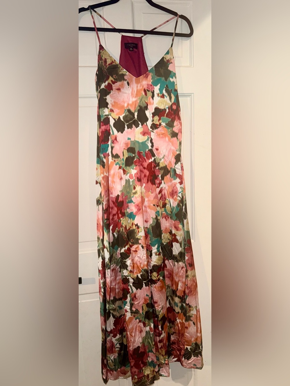 NWT Tahari ASL Floral Satin Maxi Dress XL Rose Hunter Green